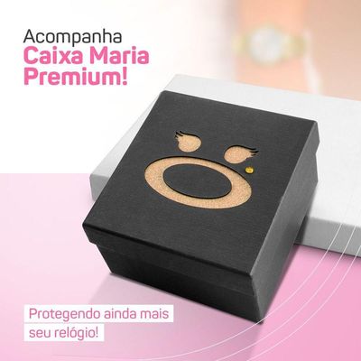 Relogio Feminino Dourado Aço + Colar Coração Brinco + Caixa Mostrador Preto Original Ponteiro Social