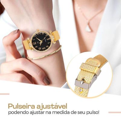 Relogio Feminino Dourado Aço + Colar Coração Brinco + Caixa Mostrador Preto Original Ponteiro Social