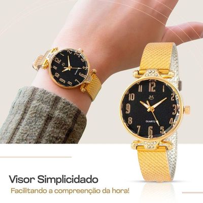Relogio Feminino Dourado Aço + Colar Coração Brinco + Caixa Mostrador Preto Original Ponteiro Social