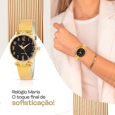 Relogio Feminino Dourado Aço + Colar Coração Brinco + Caixa Mostrador Preto Original Ponteiro Social