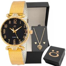Relogio Feminino Dourado Aço + Colar Coração Brinco + Caixa Mostrador Preto Original Ponteiro Social