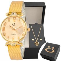 Relogio Feminino Aço Dourado + Brinco Colar Coração + Caixa Qualidade Premium Presente Inoxidável