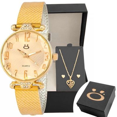 Relogio Feminino Aço Dourado + Brinco Colar Coração + Caixa Qualidade Premium Presente Inoxidável