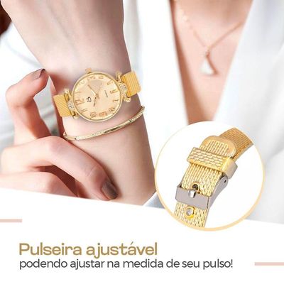 Relogio Feminino Aço Dourado + Brinco Colar Coração + Caixa Qualidade Premium Presente Inoxidável