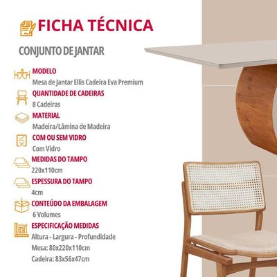 Sala De Jantar Mesa Ellis Com 8 Cadeiras Eva Premium Linho Off White Imbuia Nat