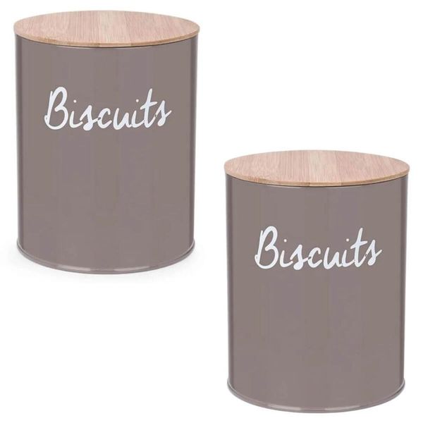 Kit 2 Lata para Biscoitos Bolacha Pote Hermético Porta Mantimentos Tampa de Bambu Biscuit Cinza