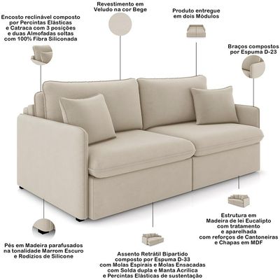 Sofá Cama Retrátil Para Sala de Estar 174cm Una K01 Veludo Bege - Lyam Decor