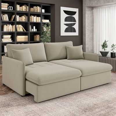 Sofá Cama Retrátil Para Sala de Estar 174cm Una K01 Veludo Bege - Lyam Decor