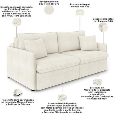 Sofá Cama Retrátil Para Sala de Estar 234cm Una K01 Bouclê Cru - Lyam Decor