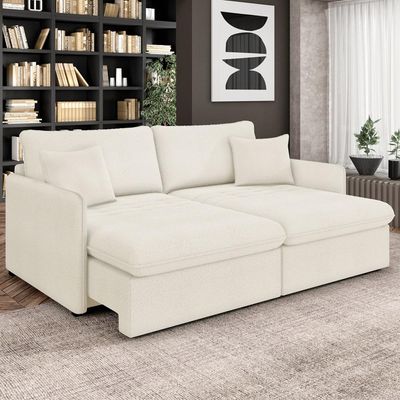 Sofá Cama Retrátil Para Sala de Estar 234cm Una K01 Bouclê Cru - Lyam Decor