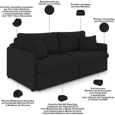 Sofá Cama Retrátil Para Sala de Estar 174cm Una K01 Veludo Preto - Lyam Decor
