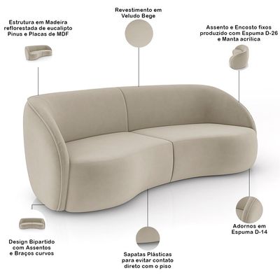 Sofá 4 Lugares Para Sala Living Orgânico 318cm Eron M03 Veludo Bege - Lyam Decor
