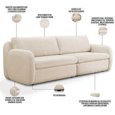 Sofá 4 Lugares Orgânico Sala de Estar Living 276cm Eliot F04 Linho Tramado Creme - Lyam Decor
