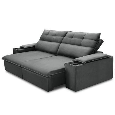 Sofá Retrátil Reclinável Para Sala 3 Lugares 225cm Gordon F04 Veludo Cinza Escuro - Lyam Decor