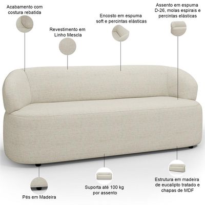 Sofá 3 Lugares Orgânico Sala de Estar Living 170cm Carmen F04 Linho Mescla - Lyam Decor