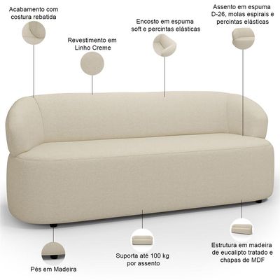 Sofá 3 Lugares Orgânico Sala de Estar Living 170cm Carmen F04 Linho Creme - Lyam Decor