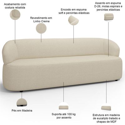 Sofá 3 Lugares Orgânico Sala de Estar Living 205cm Carmen F04 Linho Creme - Lyam Decor