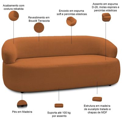 Sofá 2 Lugares Orgânico Sala de Estar Living 140cm Carmen F04 Bouclê Terracota - Lyam Decor