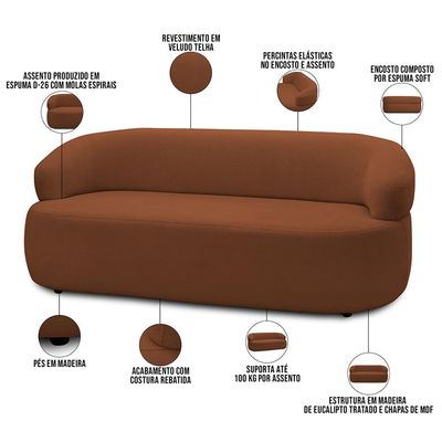 Sofá 3 Lugares Orgânico Sala de Estar Living 170cm Carmen F04 Veludo Telha - Lyam Decor