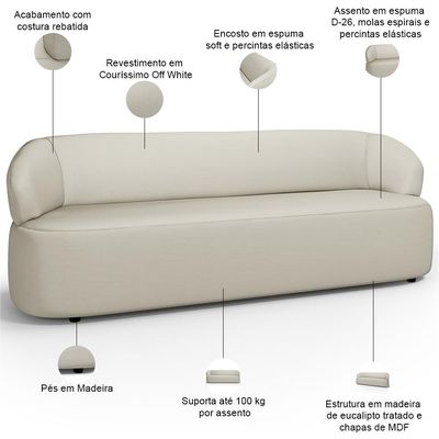 Sofá 3 Lugares Orgânico Sala de Estar Living 205cm Carmen F04 Couríssimo Off White - Lyam Decor