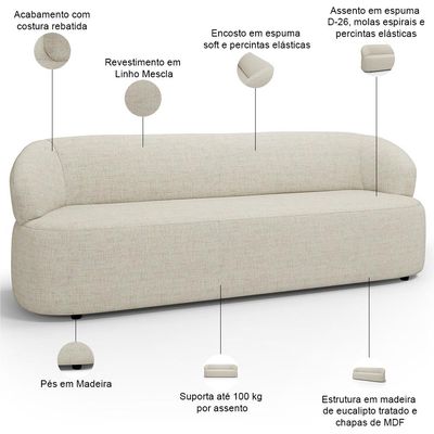 Sofá 3 Lugares Orgânico Sala de Estar Living 205cm Carmen F04 Linho Mescla - Lyam Decor