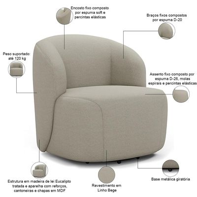 Poltrona Giratória Orgânica Para Sala Living Heidy F04 Linho Bege - Lyam Decor