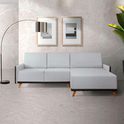 Sofá 5 Lugares Geribá com Chaise Direito Linho Cinza Claro e Preto