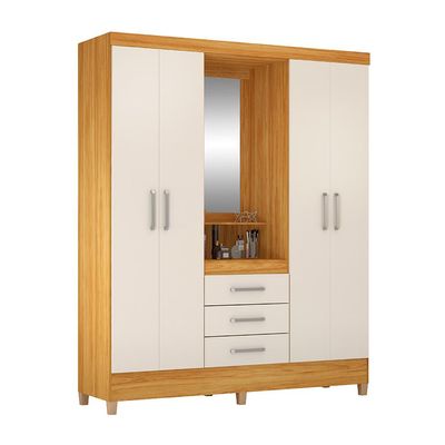 Guarda-Roupa Casal com Espelho Capelinha Pérsia 4 Portas 3 Gavetas Cinamon e Off White
