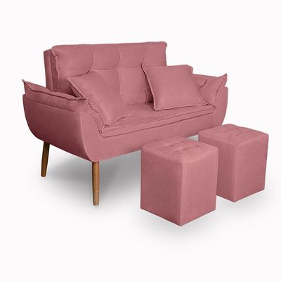Kit Poltrona Decorativa Namoradeira 2 Puffs Quadrado E 2 Almofadas Suede Rose - Lm Decor