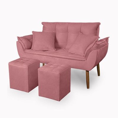Kit Poltrona Decorativa Namoradeira 2 Puffs Quadrado E 2 Almofadas Suede Rose - Lm Decor