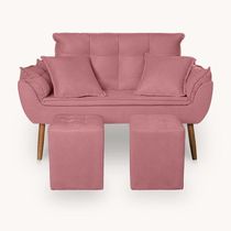 Kit Poltrona Decorativa Namoradeira 2 Puffs Quadrado E 2 Almofadas Suede Rose - Lm Decor