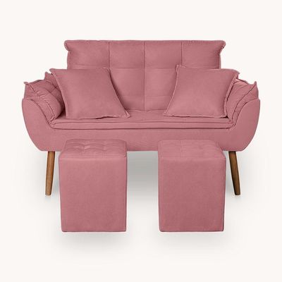 Kit Poltrona Decorativa Namoradeira 2 Puffs Quadrado E 2 Almofadas Suede Rose - Lm Decor