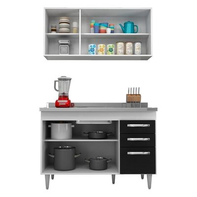 Armário Aéreo E Balcão Gabinete Com Pia 120Cm Branco/Preto
