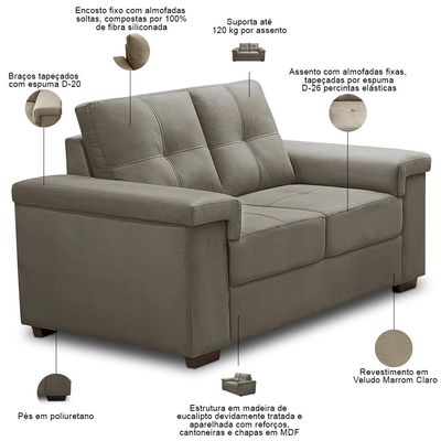 Sofá 3 e 2 Lugares Para Sala de Estar Living Allon F04 Veludo Marrom Claro - Lyam Decor
