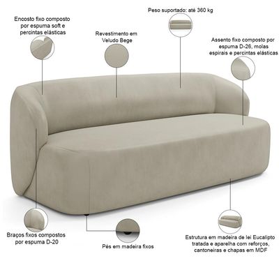 Sofá 3 Lugares Orgânico Para Sala de Estar Living 205cm Heidy F04 Veludo Bege - Lyam Decor