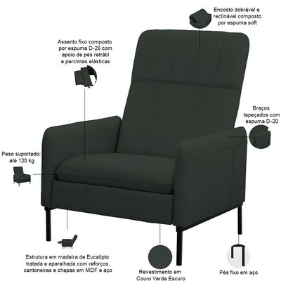 Kit 2 Poltronas Decorativa Fixa Retrátil Reclinável Lutor L06 Couro Verde Escuro - Lyam Decor