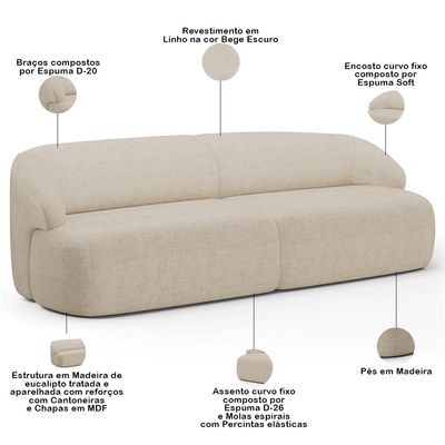 Sofá 3 Lugares Curvo Orgânico com 02 Poltronas Para Sala Living 220cm Barolo L06 Linho Bege Escuro - Lyam Decor
