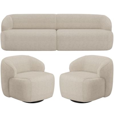 Sofá 3 Lugares Curvo Orgânico com 02 Poltronas Para Sala Living 220cm Barolo L06 Linho Bege Escuro - Lyam Decor