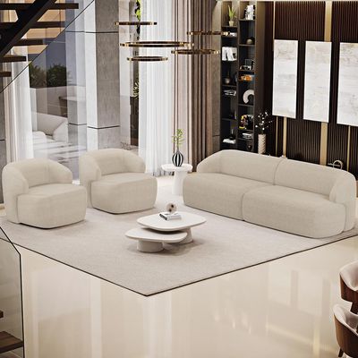Sofá 3 Lugares Curvo Orgânico com 02 Poltronas Para Sala Living 220cm Barolo L06 Linho Bege Escuro - Lyam Decor