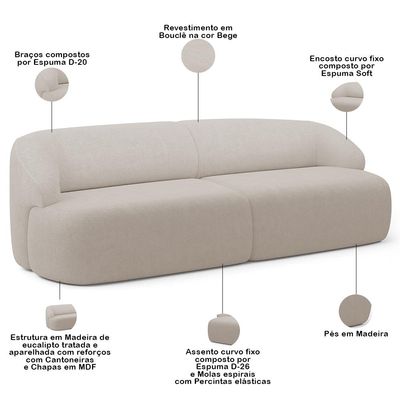 Sofá 3 Lugares Curvo Orgânico Para Sala Living 220cm Barolo L06 Bouclê Bege - Lyam Decor
