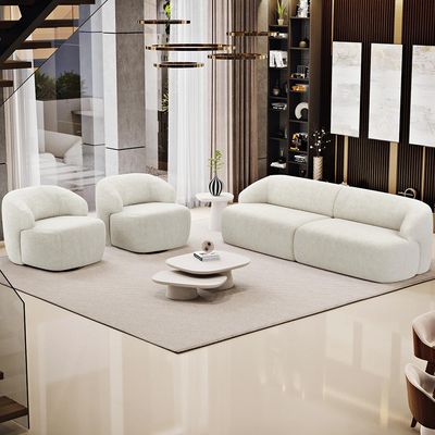Sofá 4 Lugares Curvo Orgânico com 02 Poltronas Para Sala Living 280cm Barolo L06 Bouclê Off White - Lyam Decor