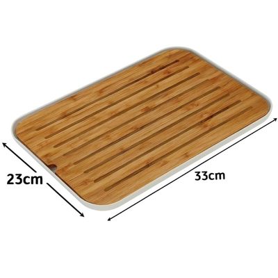 Conjunto Porta Pão com Tampa Caixa 33cm E Tábua Migalheira Bege Base Bambu 33x23cm Lume Ou