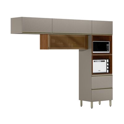Armário de Cozinha Compacta com Vidro Reflecta Proença 5 Portas 1 Gaveta Nude e Nogueira