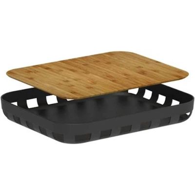 Conjunto Bandeja Retangular e Boleira Cúpula Plástica 25cm com Pé Bambu Lume Preto Ou