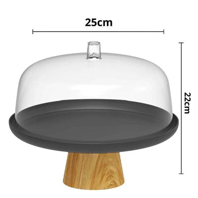 Conjunto Bandeja Retangular e Boleira Cúpula Plástica 25cm com Pé Bambu Lume Preto Ou