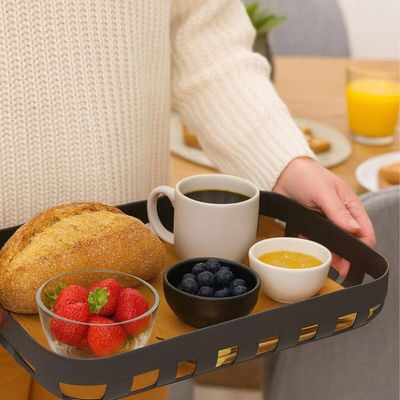 Conjunto Bandeja Retangular e Boleira Cúpula Plástica 25cm com Pé Bambu Lume Preto Ou