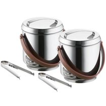 Kit 2 Baldes de Gelo Térmico Inox 2,3l Alça em Couro Com Pegador e Container Elegante Festa Bar Conf
