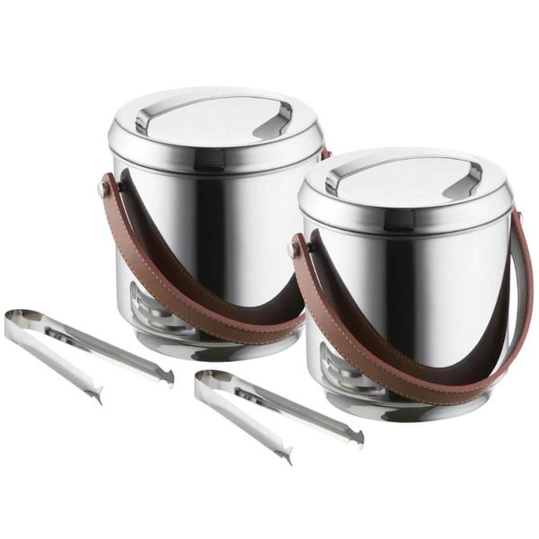 Kit 2 Baldes de Gelo Térmico Inox 2,3l Alça em Couro Com Pegador e Container Elegante Festa Bar Conf