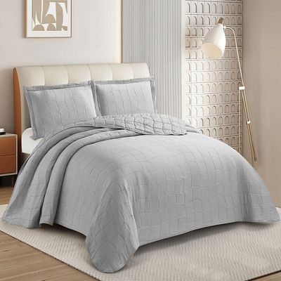Kit Cobre Leito Colcha Anarruga 3 Peças Casal 220x240cm Prata Sonhare