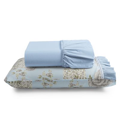 Jogo Cama Lençol Fiore Solteiro Estampado 180 Fios 100% Algodão com Babadinho 2 Peças Azul Floral